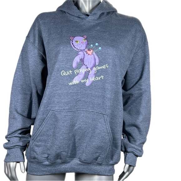 Heather Navy Pullover Hoodie Sweatshirt Voodoo Kitty Doll Quit Playing Graphic - Picture 2 of 9